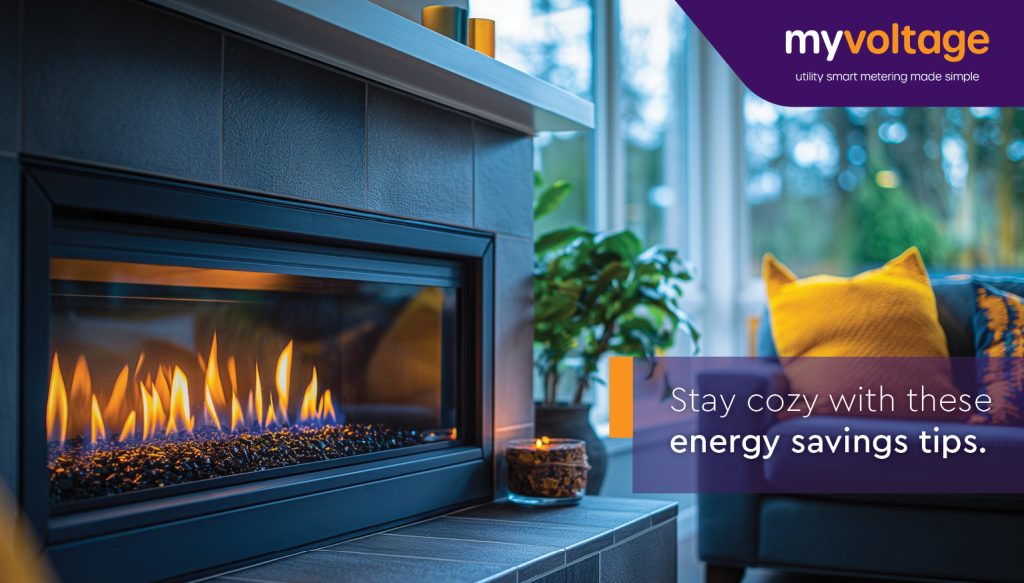 A modern fireplace in a cozy winter living room, promoting energy-saving tips for cold seasons
