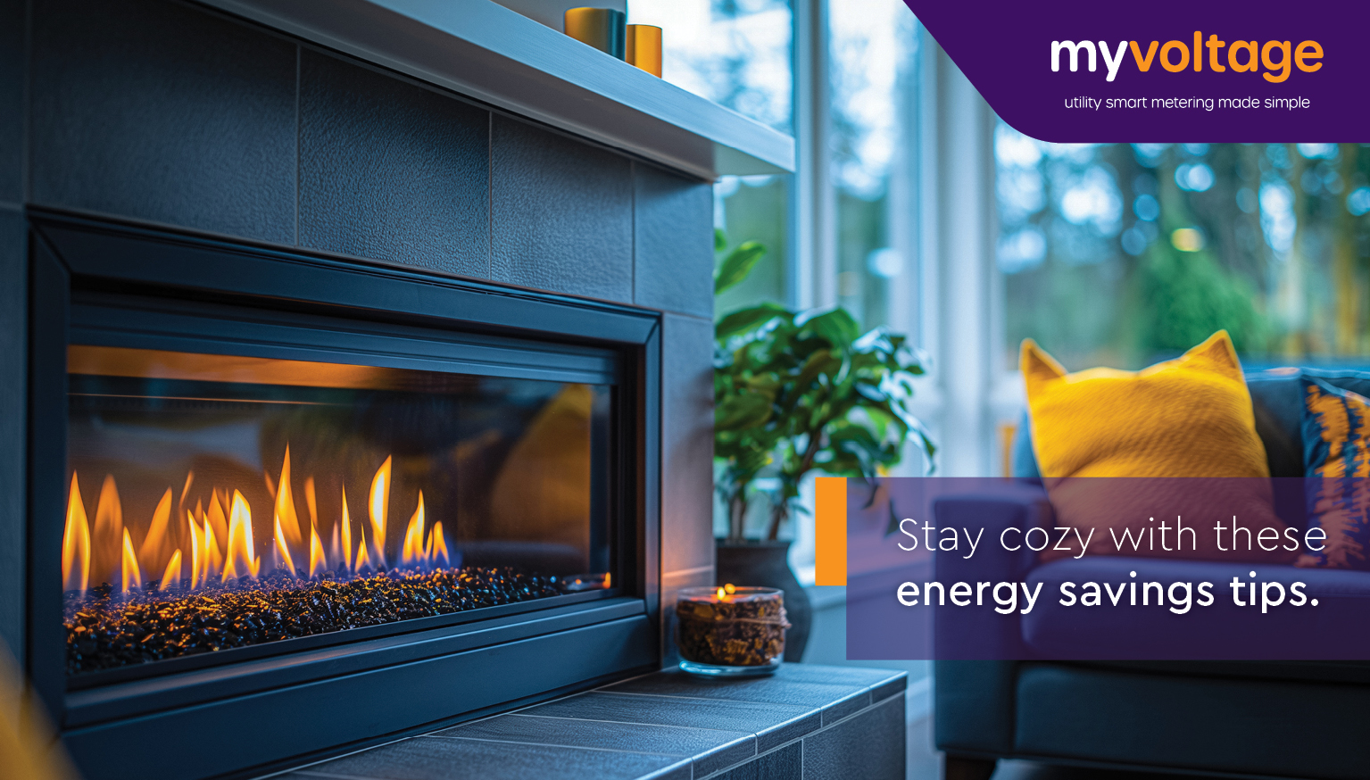 A modern fireplace in a cozy winter living room, promoting energy-saving tips for cold seasons